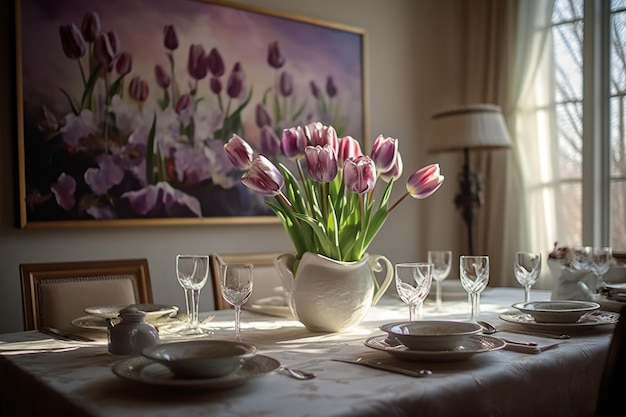 Una mesa con un jarrón de flores y un cuadro en la pared.