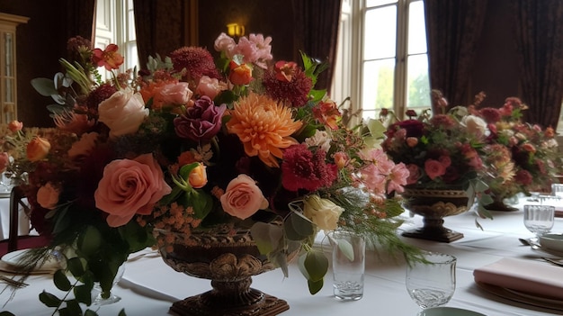Una mesa con un jarrón de flores encima.