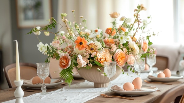 Mesa con un jarrón de flores y huevos