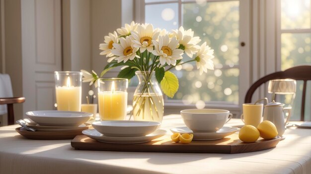 una mesa con un jarrón de flores y platos de comida encima