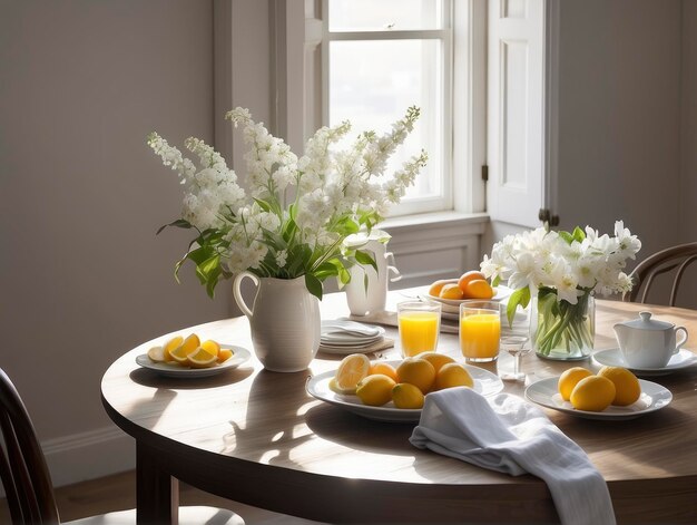 una mesa con un jarrón de flores y platos de frutas encima