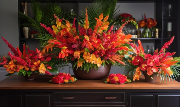 Una mesa con un jarrón de flores y un ramo de flores.