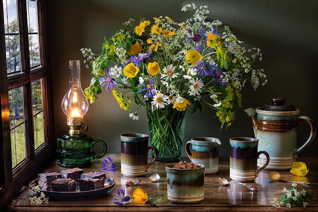 Una mesa con un jarrón de flores y una vela que dice quot feliz cumpleaños quot