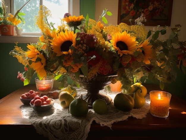 Una mesa con un jarrón de flores y una vela.