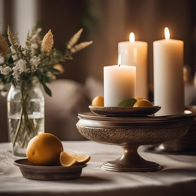 Foto una mesa con un jarrón con flores y velas en ella