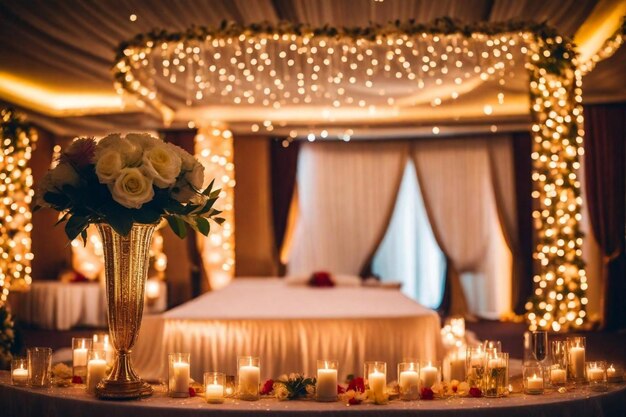 Foto una mesa con un jarrón con flores y velas en ella