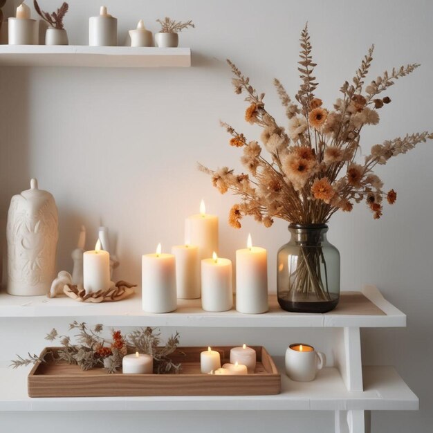 Foto una mesa con un jarrón de flores y velas en ella