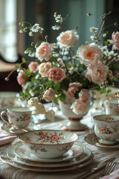 Mesa con un jarrón de flores