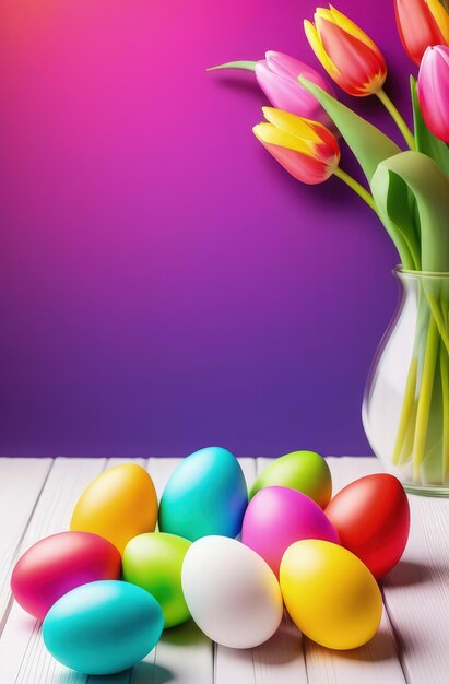 Mesa con jarrón de tulipanes huevos de Pascua coloridos Cesto de huevos y jarrón de tulipas en la mesa de la cocina cerca de la ventana Feliz tarjeta de felicitación de Pascua pancarta fondo festivo fondo borroso fondo espacio de copia