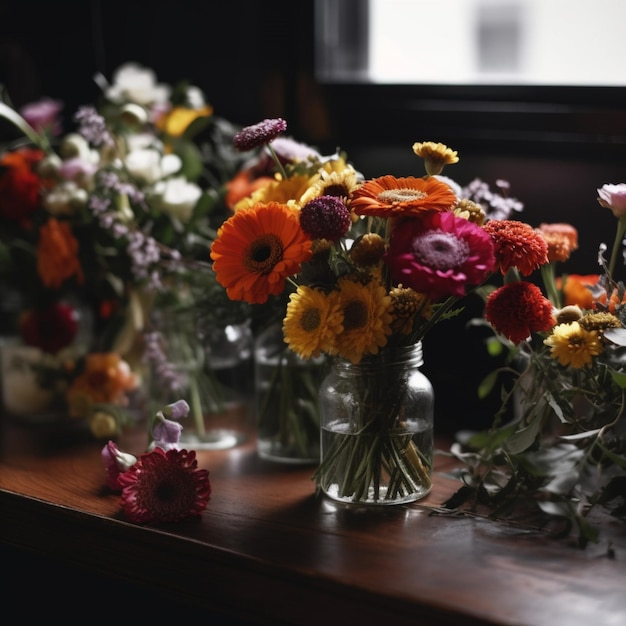 Una mesa con jarrones de flores encima y uno de ellos tiene una flor encima.