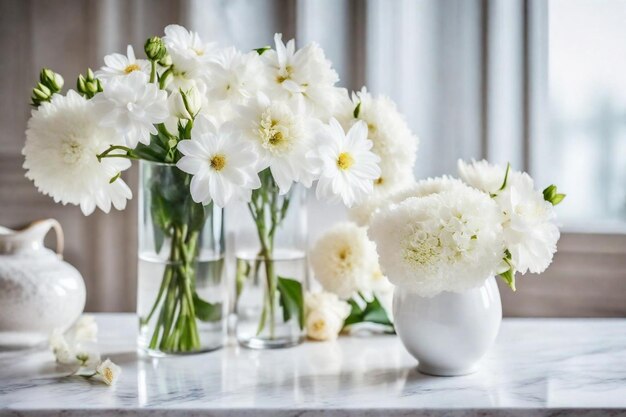 una mesa con jarrones con flores y un jarrón con las palabras "flores" en él