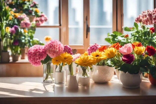 Una mesa con jarrones de flores y jarrones encima.