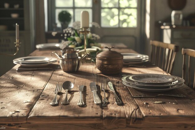 una mesa con un juego de mesa para la cena y los cubiertos