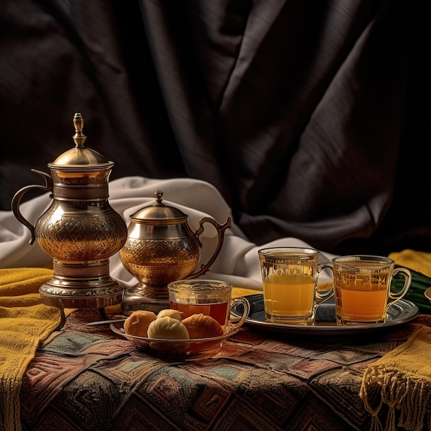 Una mesa con un juego de té dorado y una tetera dorada con una tapa dorada.