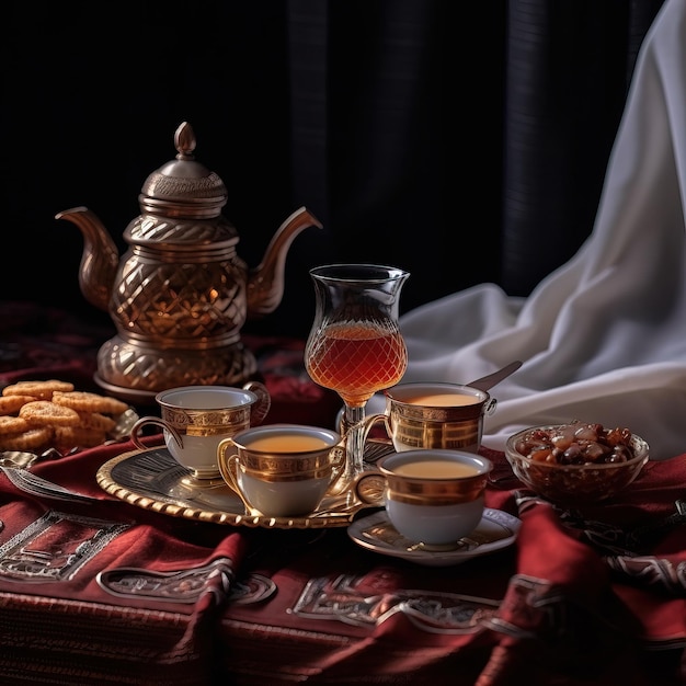 Una mesa con un juego de té con una taza de té y un tazón de galletas.