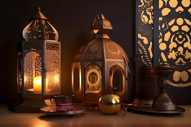 Una mesa con una lámpara y velas encima.