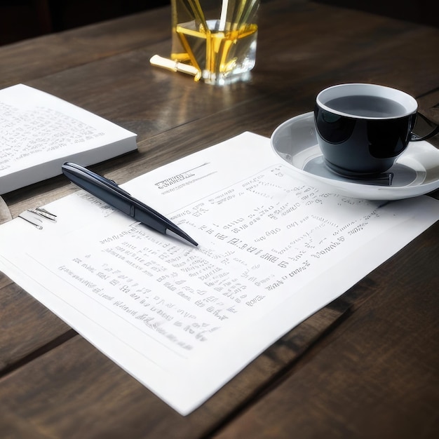 Mesa con lápiz y papel y una taza