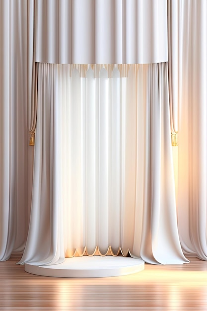 Mesa lateral de pódio de madeira redonda e moderna vazia em cortinas de sopro brancas e macias à luz do sol