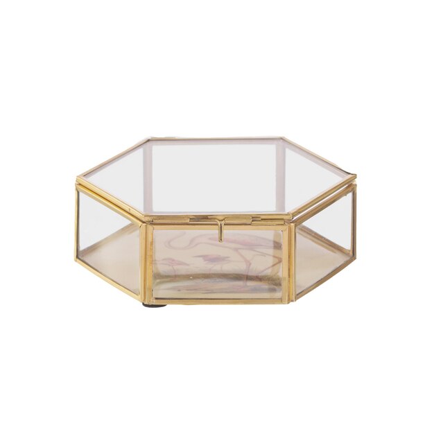 Mesa lateral em vidro e vidro dourado com tampo em vidro transparente.