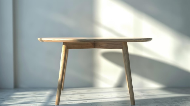 una mesa lateral con una parte superior de madera se sienta en una habitación iluminada por el sol