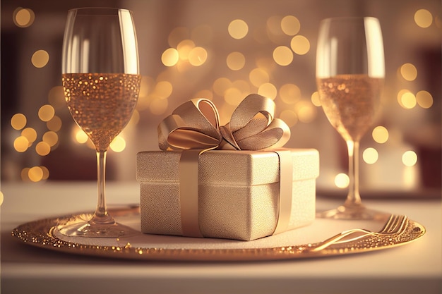 Una mesa con un lazo dorado y una copa de vino.