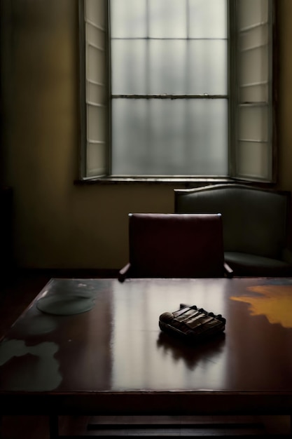 Una mesa con un libro delante de una ventana