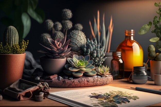 Una mesa con un libro, una planta y una botella de cactus.