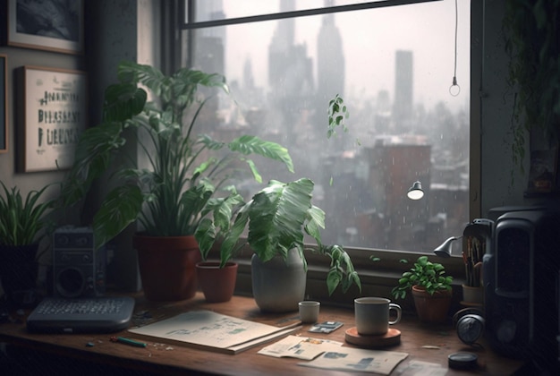 Una mesa con un libro y una planta frente a una ventana con vista a la ciudad fuera de la ventana lluviosa ai generativo