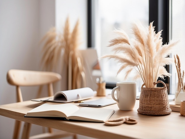 una mesa con un libro y una taza en ella