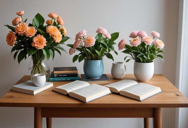 una mesa con libros, flores y un libro en ella