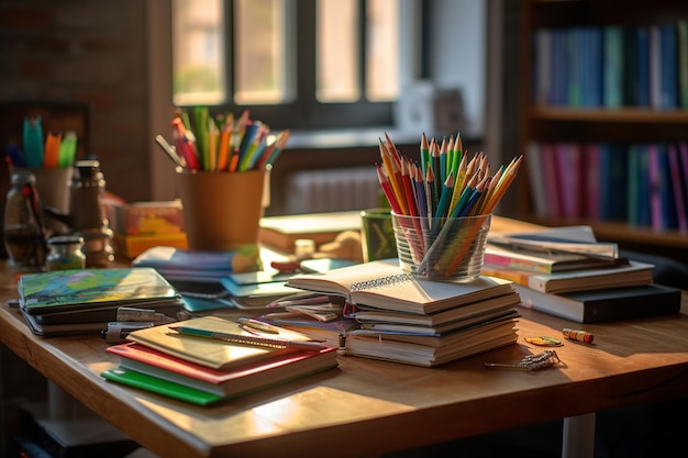 Una mesa con libros y lápices encima.