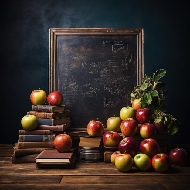 Foto una mesa con libros, manzanas y una pizarra con una imagen de un libro en ella.