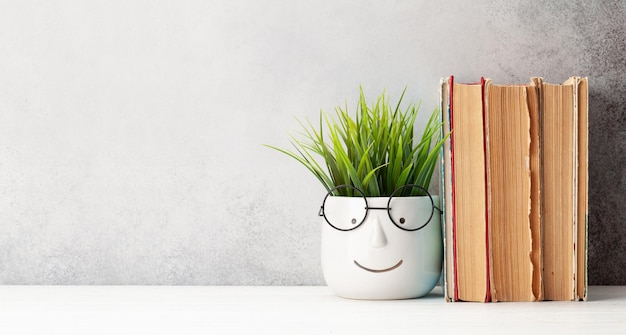 Mesa con libros y planta con vasos.