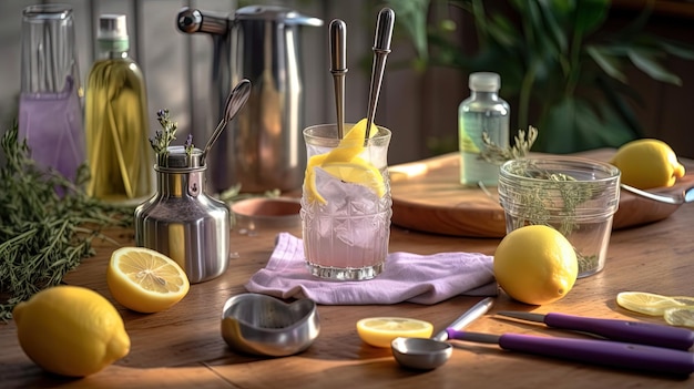 Una mesa con una limonada y un vaso de limonada encima.