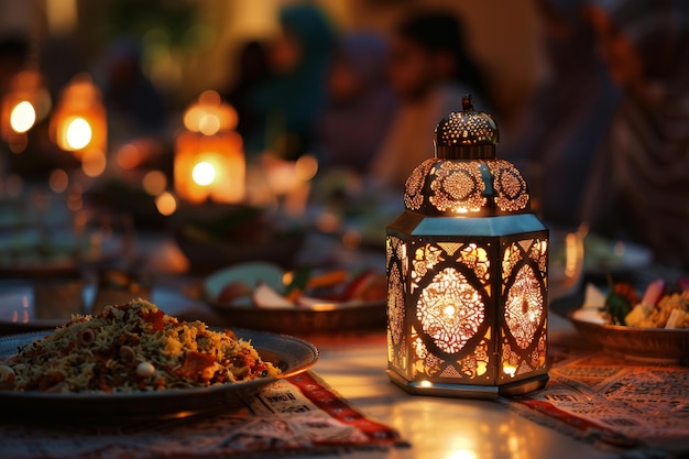 Una mesa con una linterna encendida y un grupo de personas comiendo