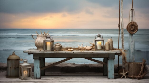 mesa con linternas en la playa al atardecer