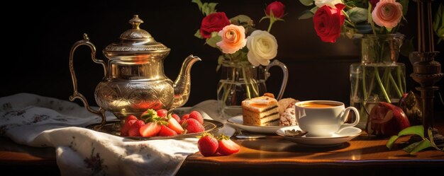 Mesa lista para el té Tetera y tazas colocadas sobre la mesa IA generativa