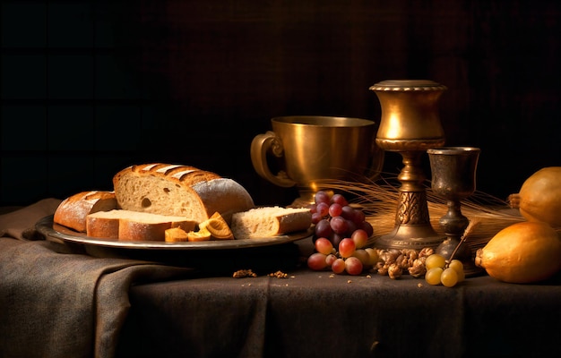 Mesa litúrgica con copa de iglesia y pan