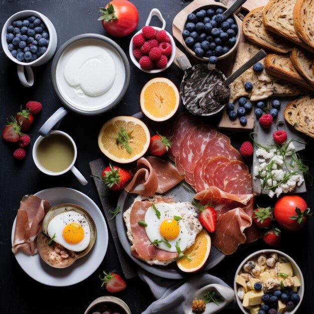 una mesa llena de alimentos para el desayuno, incluidos huevos, tocino y huevos.