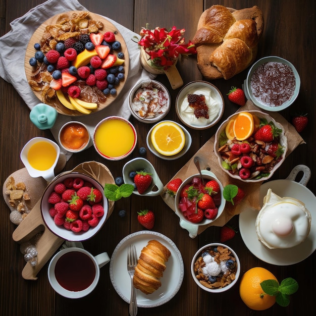una mesa llena de alimentos para el desayuno que incluyen fresas, fresas y croissants.