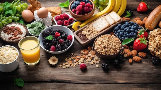 Una mesa llena de alimentos para el desayuno que incluyen frutas, nueces y granola.