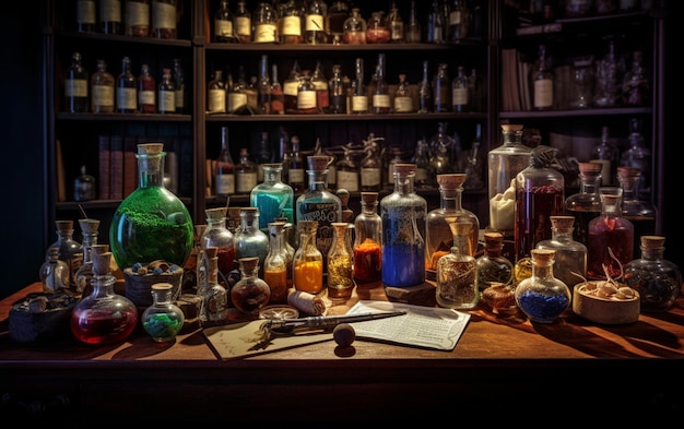 Una mesa llena de botellas con una botella de poción y una botella de veneno.