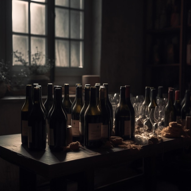 Una mesa llena de botellas de vino con botellas de vino encima.