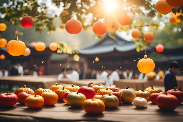 Una mesa llena de calabazas en un festival.