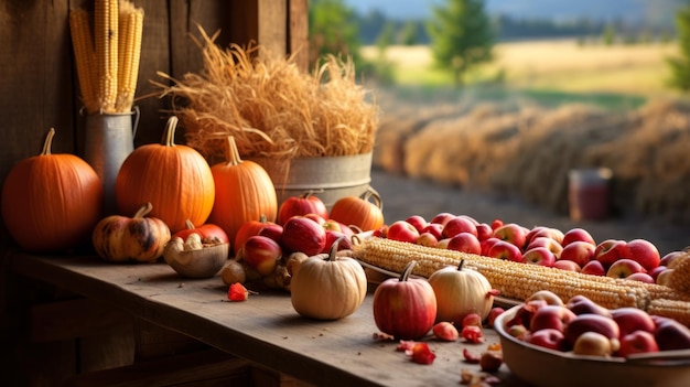 Una mesa llena de calabazas manzanas y maíz