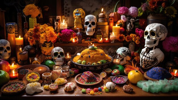 una mesa llena de calaveras, flores y velas con una calavera encima.