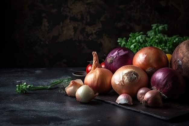 Una mesa llena de cebollas y otras verduras.