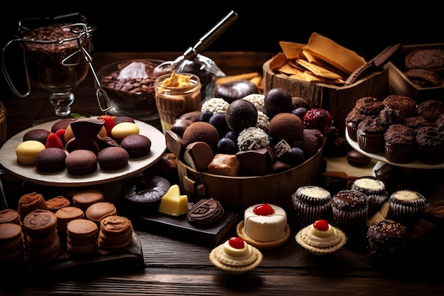 Una mesa llena de chocolates y pasteles, incluido uno que dice 'chocolate'