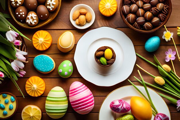 una mesa llena de chocolates y un plato de chocolates