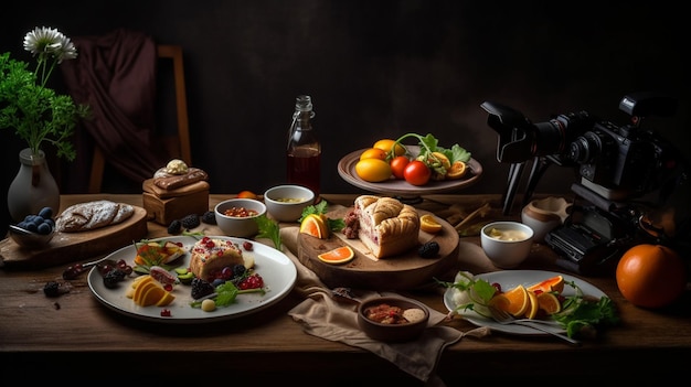 una mesa llena de comida y bebida con una botella de cerveza.